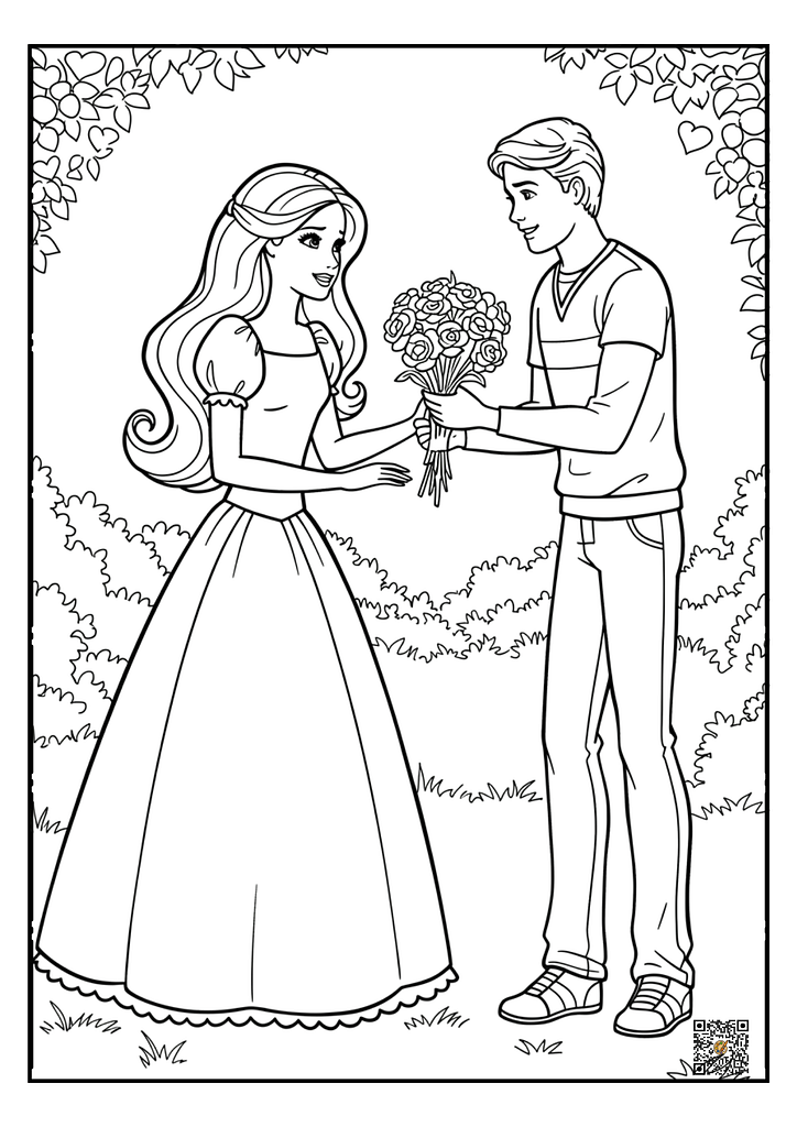 Barbie and Ken with hearts background coloring page
