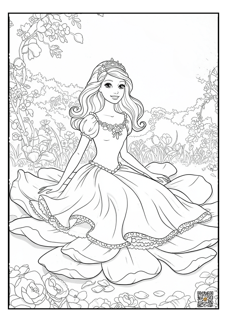 Barbie doll as a beautiful princess coloring page for girls