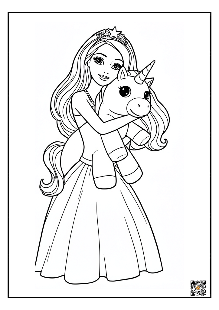Barbie princess hugging a cute baby unicorn coloring page
