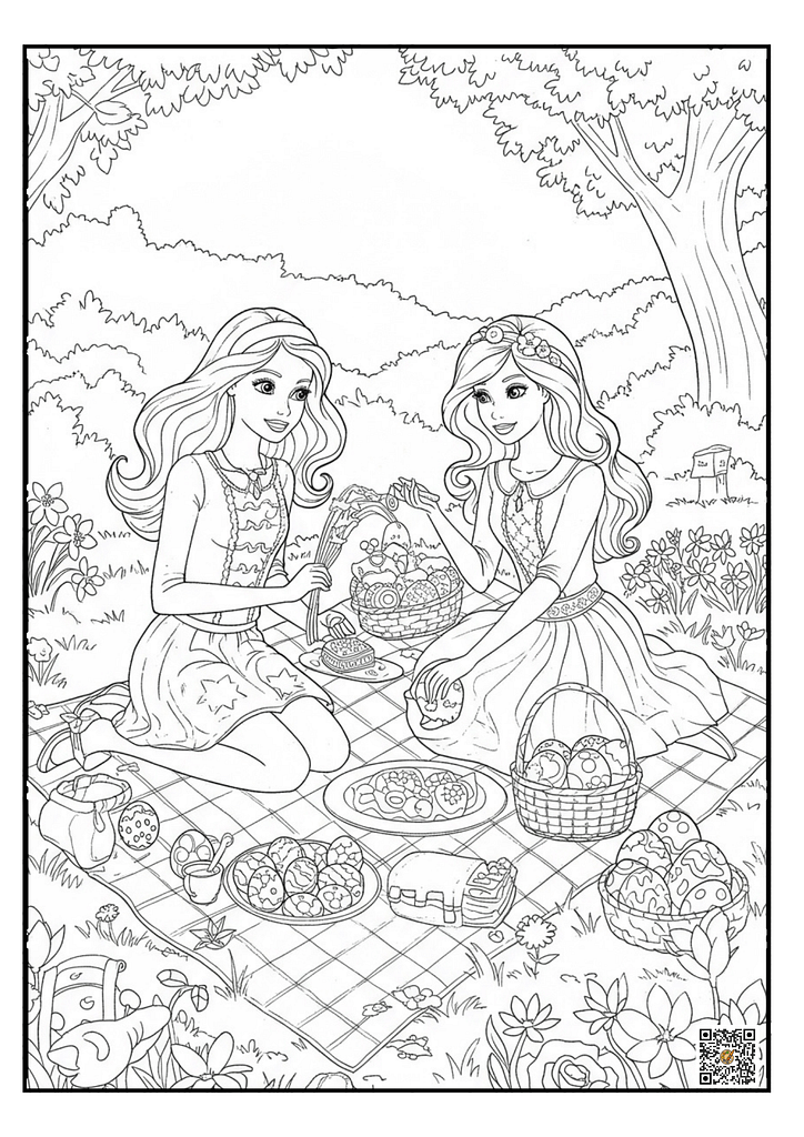 Barbie having a picnic with friends and Easter eggs COLORING PAGE
