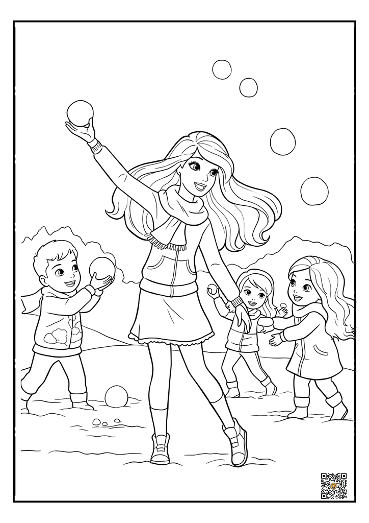 Barbie playing in a snowball fight coloring page