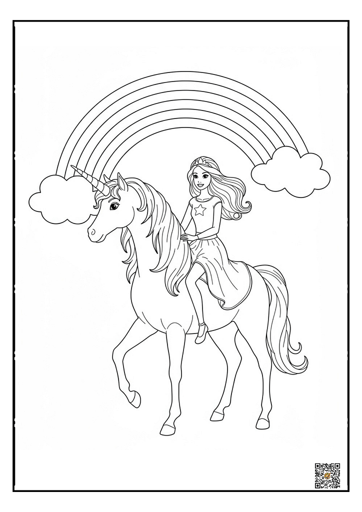 Barbie riding a unicorn under a rainbow coloring page
