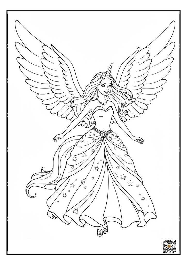 Fairy Barbie flying with magical wings coloring page for girls