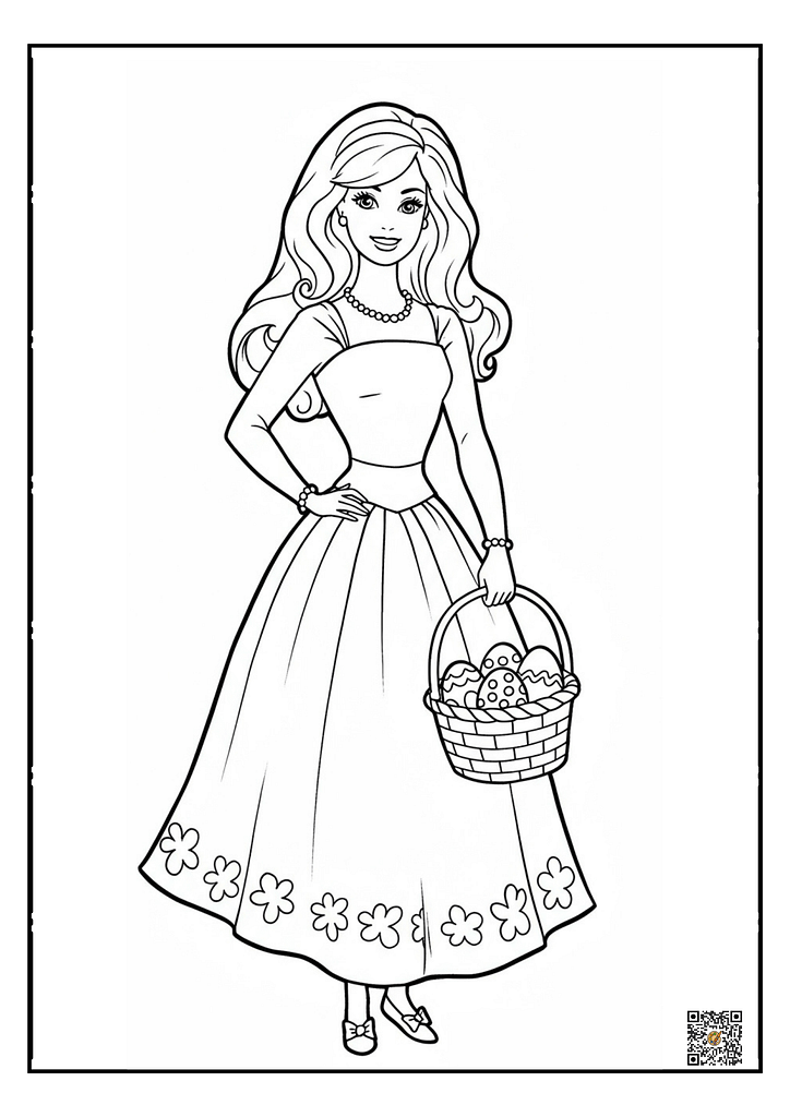 Barbie in elegant hat holding a decorated Easter egg coloring page