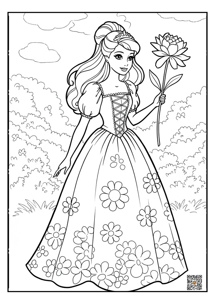 Barbie holding a big daisy flower coloring page
