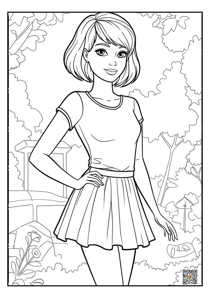 Barbie with short hair in a T-shirt and skirt coloring page