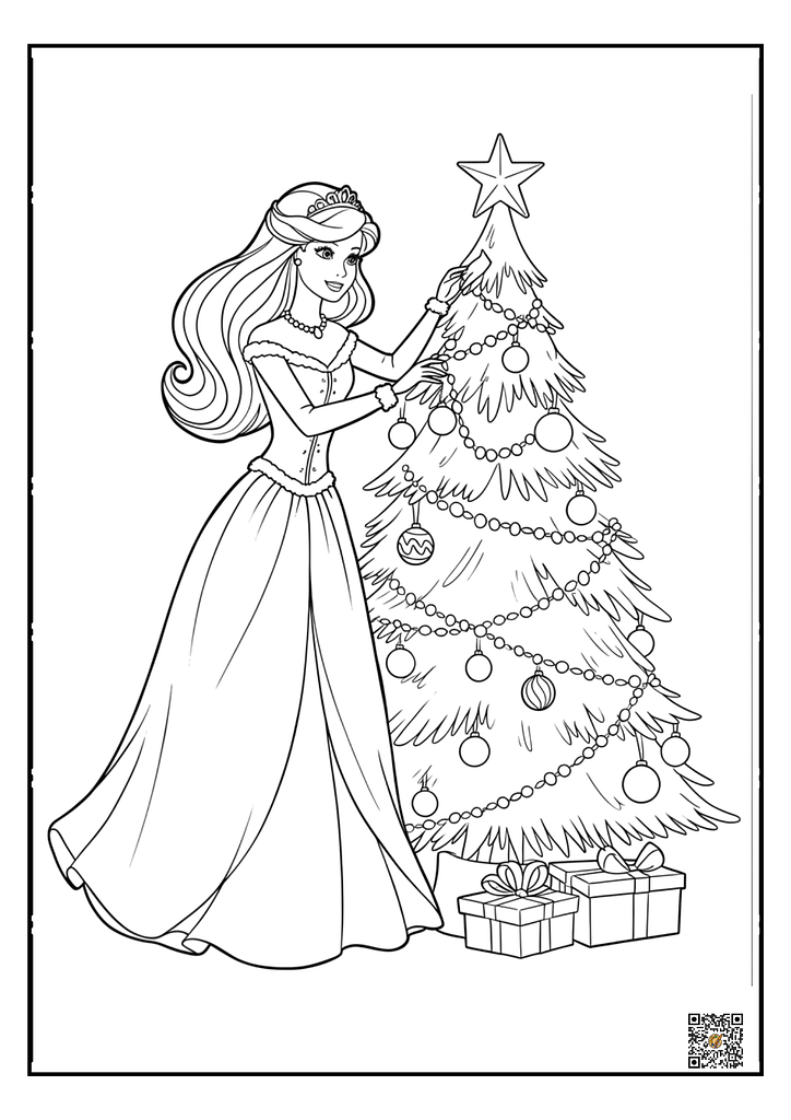 Barbie dancing in front of a Christmas tree coloring page