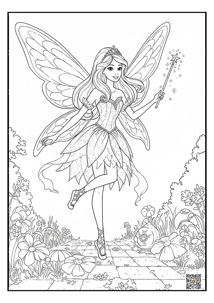Fairy Barbie holding a wand in fantasy dress coloring page for girls
